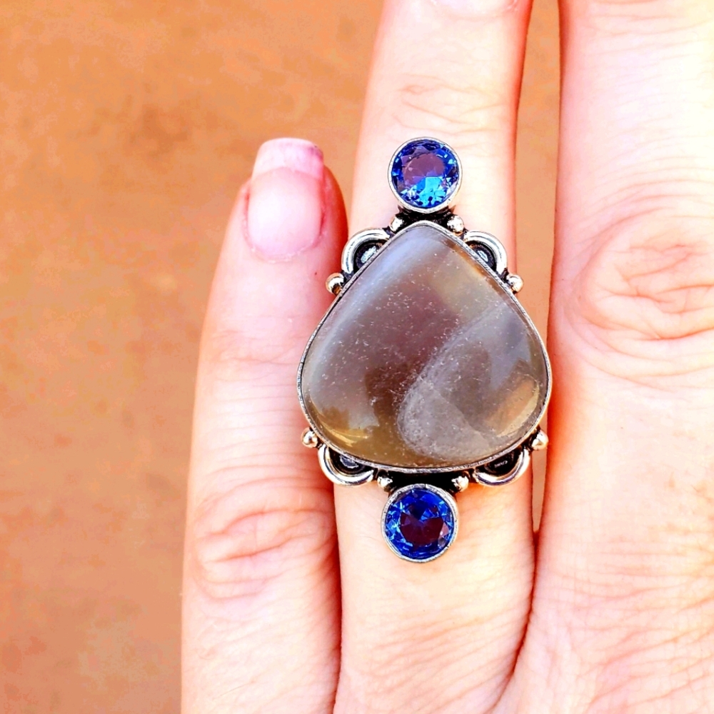 New Fluorite and Blue Topaz 925 Silver Ring.